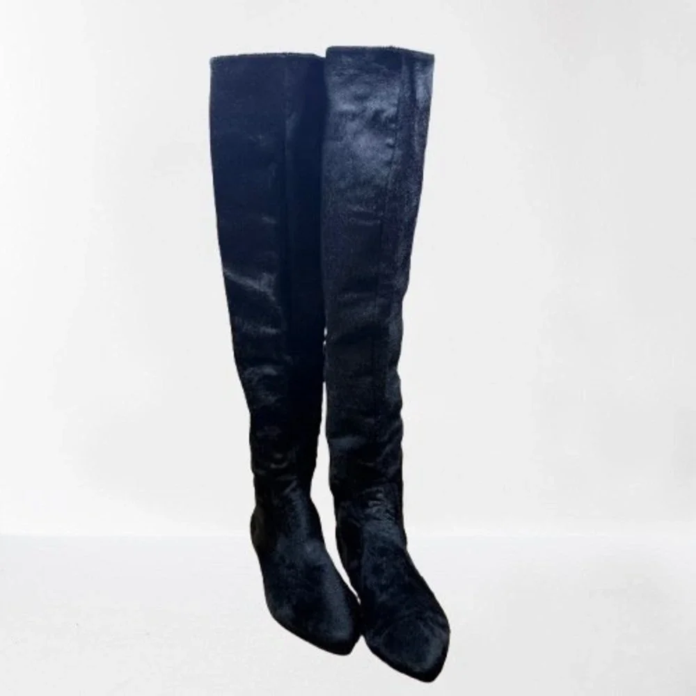 Leon Max Women's Black Pony Hair Leather Over The Knee Boots Pointed Toe Sz 5.5M